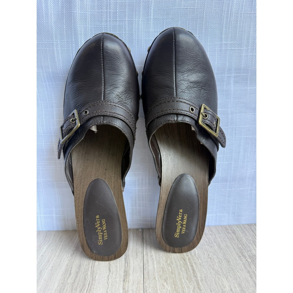 Vera Wang Brown Buckle Mules Chunky Wooden Kitten Heel Clogs Studded Sz 10 Boho - Picture 3 of 12